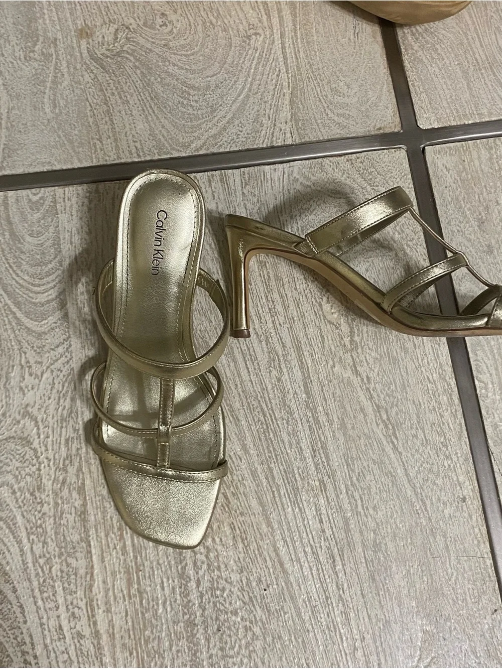 Calvin Klein Gold Strappy Slip-On Heeled Sandals